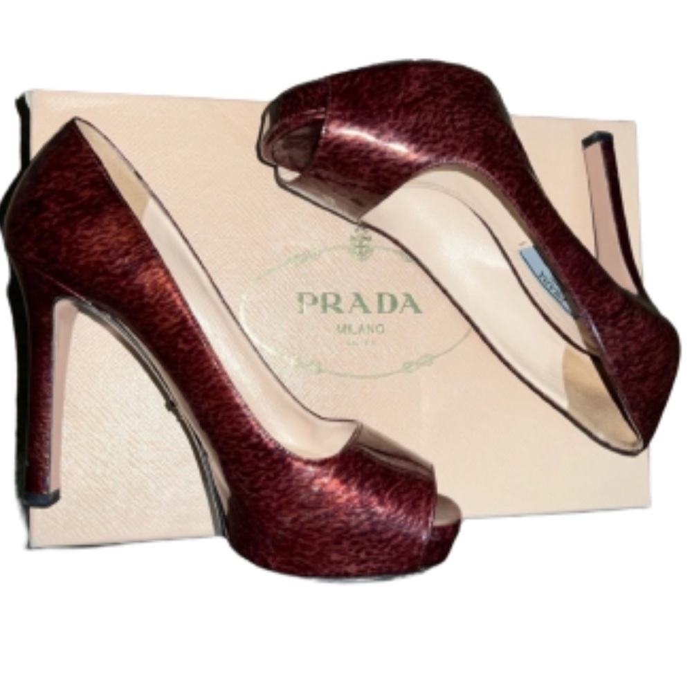 PRADA PATENT LEATHER PEEP TOE PLATFORM HEELS